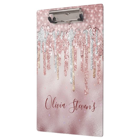 Chic Rose Rose Gold Glitzer Tropfen Monogramm Klemmbrett (Links)