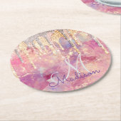 Chic Rose rot Rosa Glitzer Tropfen Monogramm Quadr Runder Pappuntersetzer (Angewinkelt)