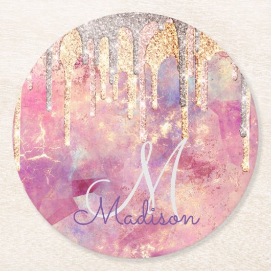 Chic Rose rot Rosa Glitzer Tropfen Monogramm Quadr Runder Pappuntersetzer (Vorderseite)