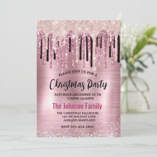 Chic Rose rot Rosa Tropfen Monogramm Weihnachten Einladung (Stehend Vorderseite)