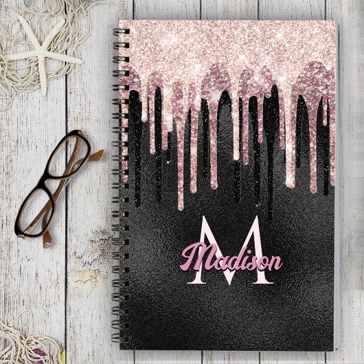 Chic Rose Schwarz Tropfen Monogramm Notebook Notizblock