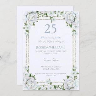 Chic Rose & Silver Border Floral 25. Geburtstag Einladung