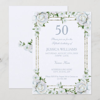 Chic Rose & Silver Border Floral 50. Geburtstag Einladung