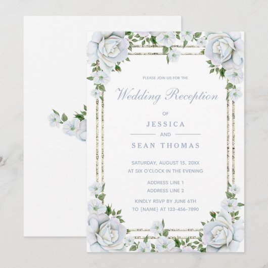 Chic Rose & Silver Border Floral Empfang Einladung (Vorne/Hinten)