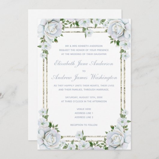 Chic Rose & Silver Border Floral Wedding Einladung (Vorne/Hinten)