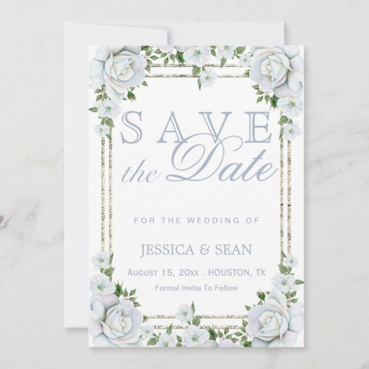 Chic Rose & Silver Border Floral Wedding Save The Date (Vorderseite)