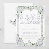 Chic Rose & Silver Border Floral Wedding Save The Date (Vorne/Hinten)