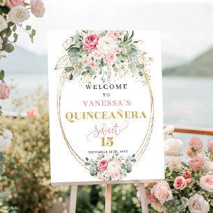 Chic roséfarbene floral goldene pastell-quinceañer poster