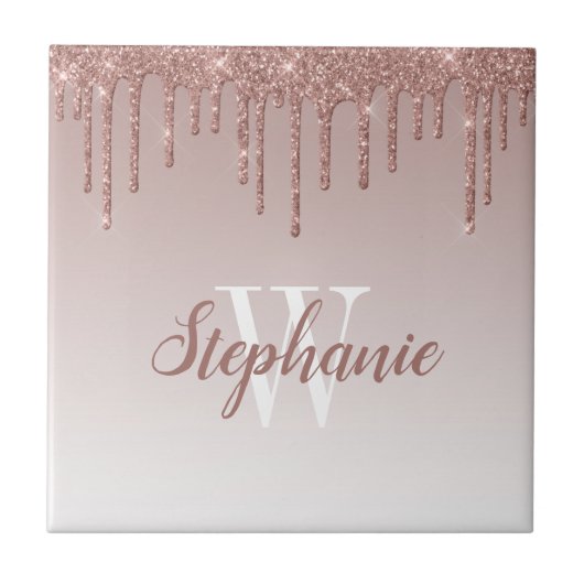 Chic Roségold Glitter-Drip-Monogramm Fliese (Vorderseite)