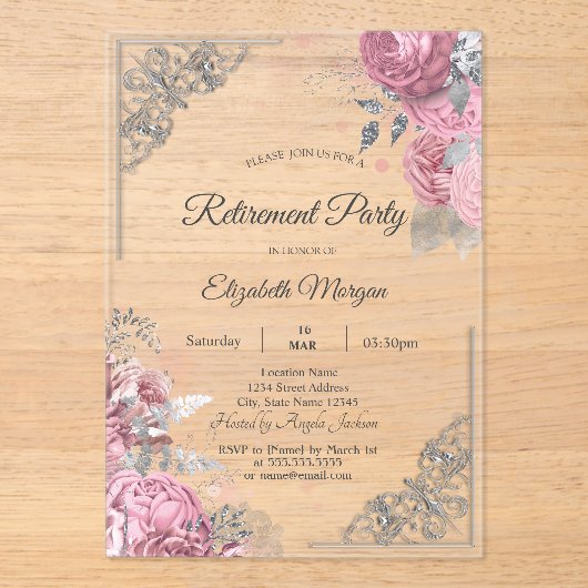 Chic Roses Flowers Silver Frame Retirement Acryleinladungen (Vorderseite)