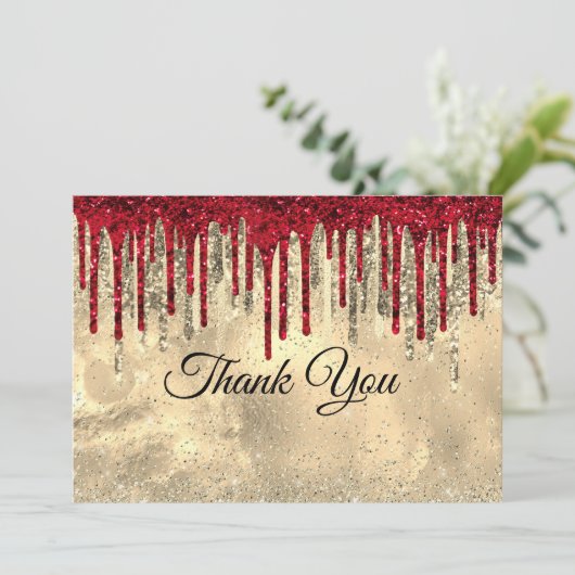 Chic Rot-Schwarz-Gold-Glitzer-Tropfen Dankeskarte (Stehend Vorderseite)