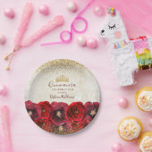 Chic Rote Rose Floral Gold Crown Quinceañera Pappteller (Party)