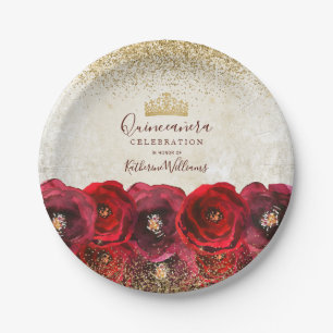 Chic Rote Rose Floral Gold Crown Quinceañera Pappteller