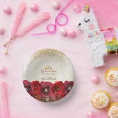 Chic Rote Rose Floral Gold Crown Quinceañera Pappteller (Party)