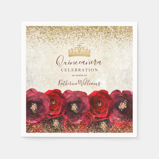 Chic Rote Rose Floral Gold Crown Quinceañera Serviette (Vorderseite)