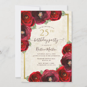 Chic Rote Rose Watercolor Blütengold 25. Geburtsta Einladung