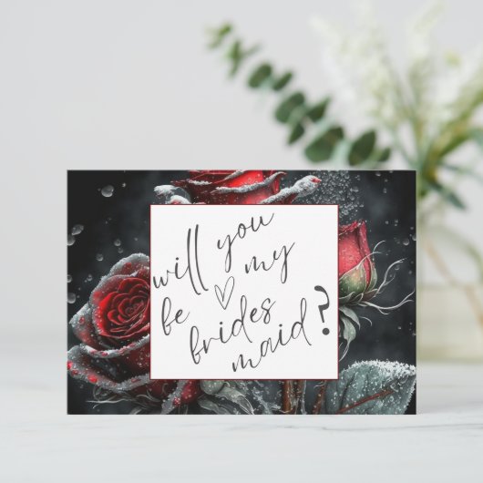 Chic Rote Rosen Black Bridesmaid Card Einladung (Stehend Vorderseite)