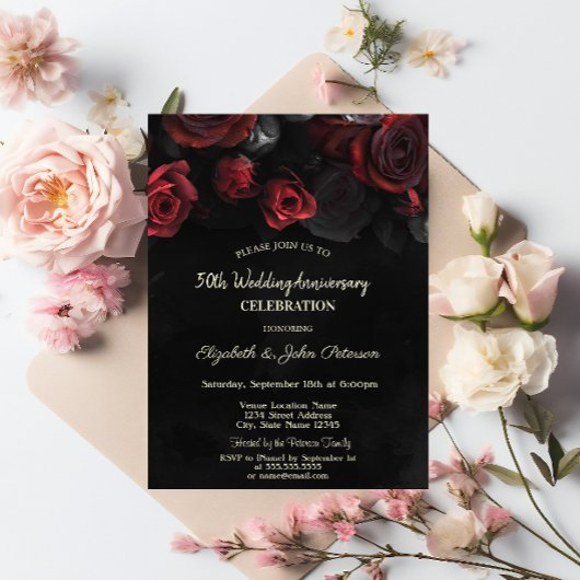 Chic Rote Rosen Black Wedding Jubiläum Einladung
