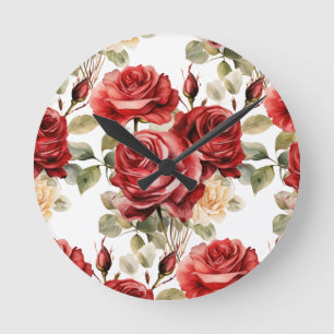 Chic Rote Rosen Blume Blumenuhr Runde Wanduhr