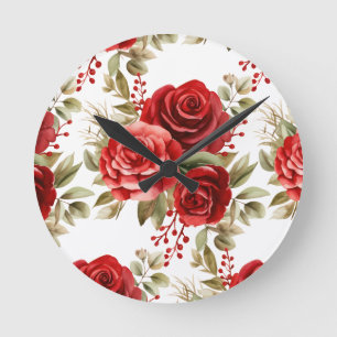 Chic Rote Rosen Blume Blumenuhr Runde Wanduhr