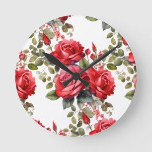Chic Rote Rosen Blume Blumenuhr Runde Wanduhr