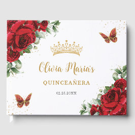 Chic Rote Rosen Floral Butterfells Gold Quinceaner Gästebuch