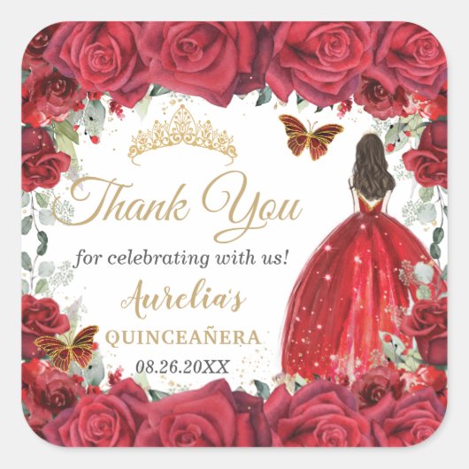 Chic Rote Rosen Floral Butterfliegen Prinzessin Ge Quadratischer Aufkleber (Vorderseite)