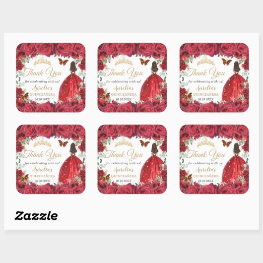 Chic Rote Rosen Floral Butterfliegen Prinzessin Ge Quadratischer Aufkleber (Blatt)