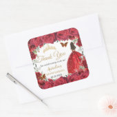 Chic Rote Rosen Floral Butterfliegen Prinzessin Ge Quadratischer Aufkleber (Umschlag)