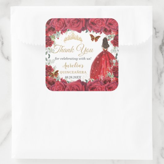 Chic Rote Rosen Floral Butterfliegen Prinzessin Ge Quadratischer Aufkleber (Tasche)
