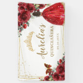 Chic Rote Rosen Floral Quinceañera Willkommen Hint Banner (Vertikal)