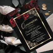 Chic Rote Rosen Gold Frame Black Quinceñera Einladung