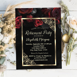 Chic Rote Rosen Gold Frame Black Retirement Party Einladung