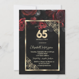 Chic rote Rosen Goldrahmen Schwarz 65. Geburtstag Einladung