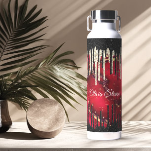 Chic rote schwarze tropfende Glitter-Monogramm Trinkflasche