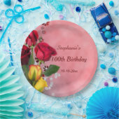 Chic-rote u. gelbe Rosen-100. Geburtstag Pappteller (Party)