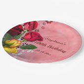 Chic-rote u. gelbe Rosen-100. Geburtstag Pappteller (Schrägansicht)