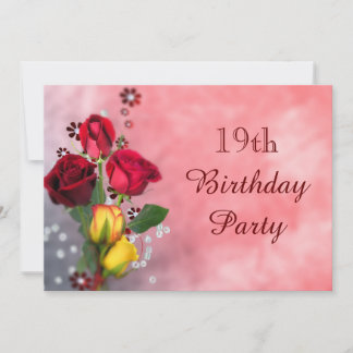 Chic-rote u. gelbe Rosen-19. Geburtstag Einladung