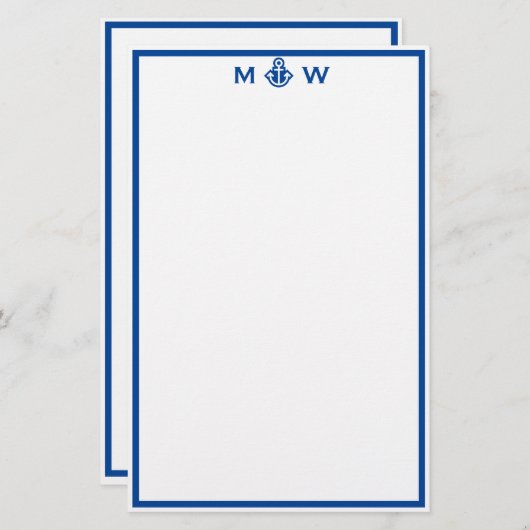 Chic Royal Blue Anchor Monogram Stationery Briefpapier (Vorne/Hinten)