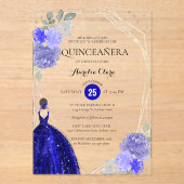 Chic Royal Blue Floral Geometric Quinceañera Acryleinladungen (Vorderseite)