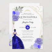Chic Royal Blue Floral Geometric Quinceañera Einladung (Vorne/Hinten)