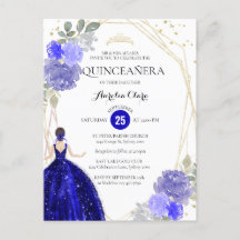 Chic Royal Blue Floral Geometric Quinceñera Invit