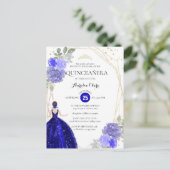 Chic Royal Blue Floral Geometric Quinceñera Invit Postkarte (Stehend Vorderseite)