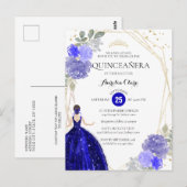 Chic Royal Blue Floral Geometric Quinceñera Invit Postkarte (Vorne/Hinten)