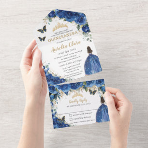 Chic Royal Blue Floral Gold Quinceanera Princess All In One Einladung