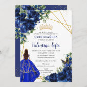 Chic Royal Blue Floral Princess Gold Quinceañera Einladung (Vorne/Hinten)