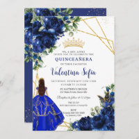 Chic Royal Blue Floral Princess Gold Quinceañera
