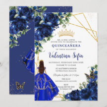 Chic Royal Blue Floral Princess Gold Quinceañera