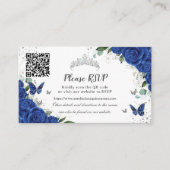 Chic Royal Blue Floral Silver Quinceañera QR Code Begleitkarte (Vorderseite)