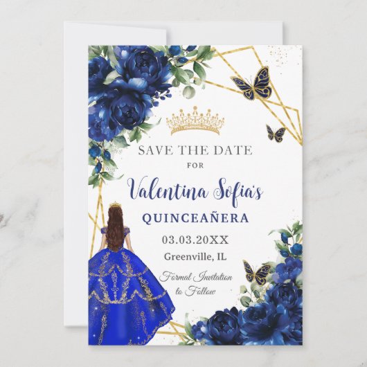 Chic Royal Blue Flowers Princess Gold Quinceañera Save The Date (Vorderseite)